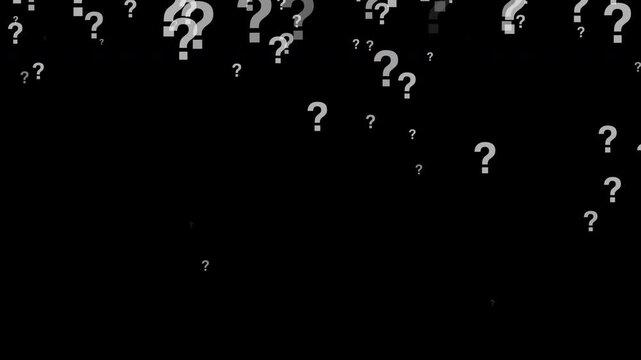 A black background filled with white question marks falling from the top, creating a mysterious and thought-provoking visual effect.