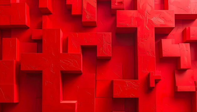 A vibrant red 3D geometric artwork featuring intersecting rectangular prisms