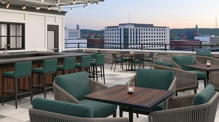Fototapeta premium Elegant Rooftop Bar Seating Area with Cityscape View at Dusk