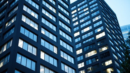 Obraz premium Modern Office Building Facade with Illuminated Windows at Dusk, Urban Business Architecture