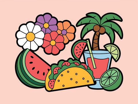 Summer vibe illustration featuring a taco watermelon tropical drink and flowers