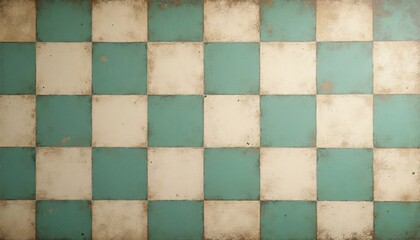 Fototapeta premium Green, beige checkered floor surface features aged texture. Distressed square tiles display rustic vintage charm for interior design project. Retro pattern wallpaper brings classic farmhouse kitchen