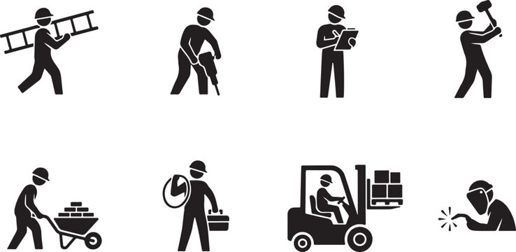 Set of black silhouette featuring construction workers and industrial laborers performing various tasks on a white background