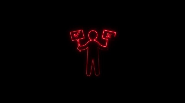 Glowing Neon Person Icon Decision Making Check Mark Cross Symbol Isolated Black Background. 4k animation.