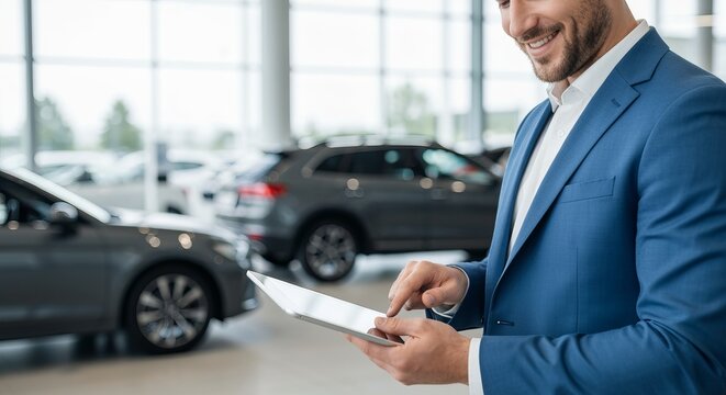 Business Professional Using Tablet to Research and Select the Perfect Car with Advanced Technology
