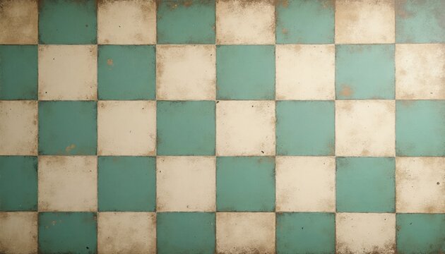 Green, beige checkered floor surface features aged texture. Distressed square tiles display rustic vintage charm for interior design project. Retro pattern wallpaper brings classic farmhouse kitchen