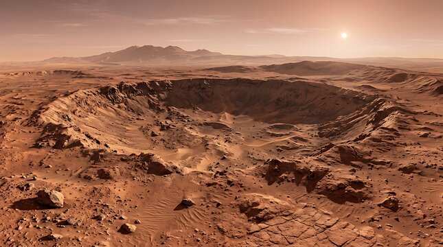 Martian Landscape with a Large Crater and Distant Mountains