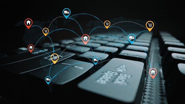 Digital connections visualization with keyboard and location markers representing e-commerce, technology, and communication in modern society. Entropy.