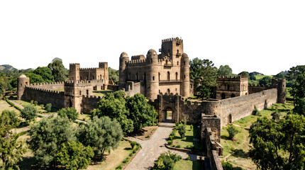 Obraz premium Historic castle on hill with lush green trees and winding road