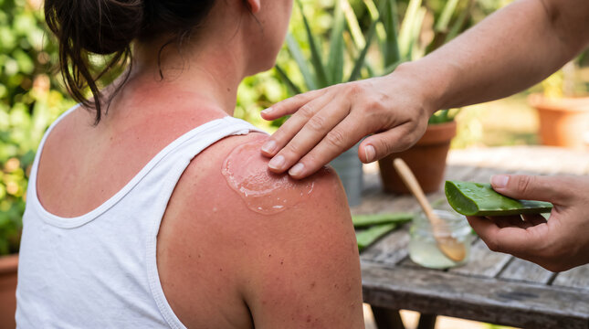 Person applying soothing aloe vera gel to woman's sunburned shoulder