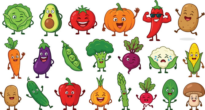 Cute vegetable cartoon characters vector set featuring funny smiling stickers of healthy food ingredients with faces.