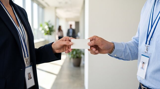 Woman and man exchanging business cards at conference. Professional networking and introduction in office hall. Corporate connection, career development and meeting event concept.