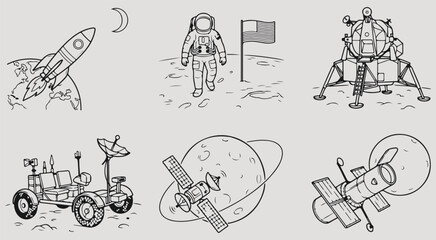 Space exploration icons set featuring rocket launch astronaut moon flag lunar lander rover satellite and space station hand drawn vector illustration collection astronomy science technology  © Afiya bano