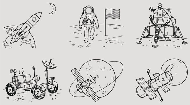 Space exploration icons set featuring rocket launch astronaut moon flag lunar lander rover satellite and space station hand drawn vector illustration collection astronomy science technology
