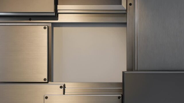 Modern industrial abstract background featuring metallic steel plates and geometric aluminum panels with warm gold light sweeping across the brushed texture surfaces in a smooth slow motion loop