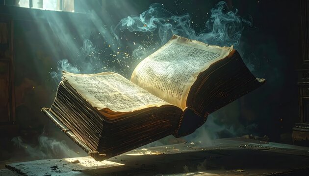 Floating ancient magic book with light and smoke.