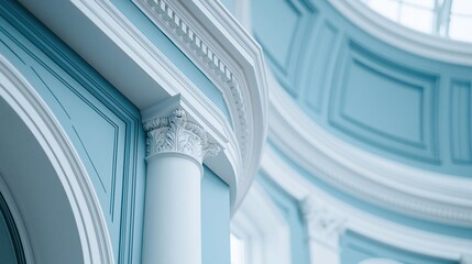 Obraz premium Close Up View of Elegant Architectural Detail with Light Blue Walls and White Trim