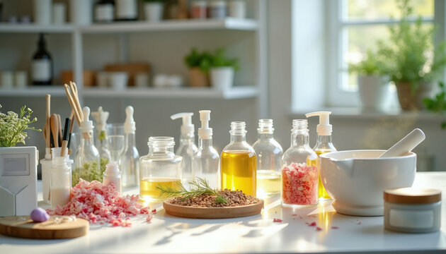 Various bottles, jars hold cosmetic ingredients. Mortar, pestle sits ready for mixing. Herbs, flower petals prepared for product creation. Natural beauty formulations on clean workspace. Skincare