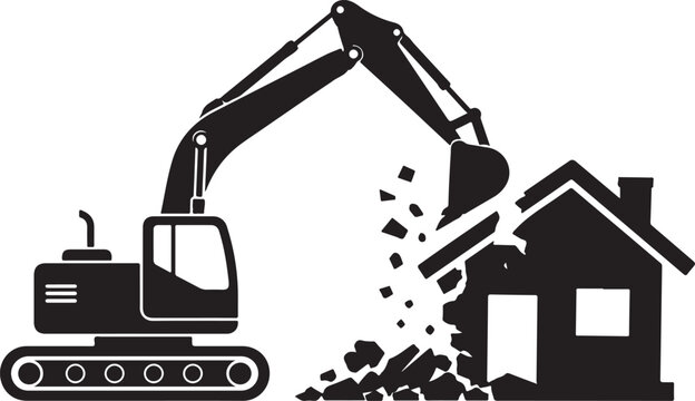 Heavy excavator silhouette demolishing a house, industrial demolition machine destroying building, construction site equipment vector icon