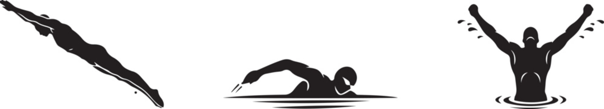 Set of black silhouettes of a swimmer in different phases, including diving, swimming, and celebrating, isolated on a white background