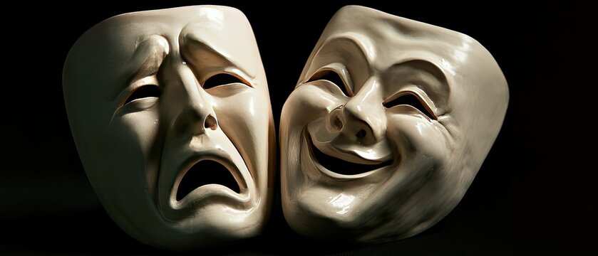 Two theatrical masks, one sorrowful and one joyful, against a dark background