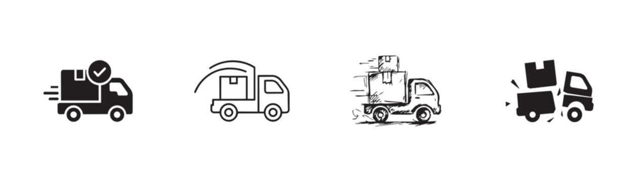 Delivery truck icons with cardboard boxes showing various states like checked delivered moving and crashed in different.