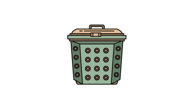 Green laundry basket with holes, isolated on white background, simple cartoon style