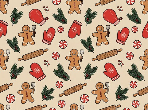 Seamless Christmas baking pattern with gingerbread men, mittens, rolling pins, and pine branches on beige background