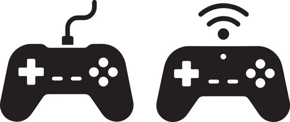 Minimalist video game controller icons, wired and wireless gamepad vector symbols, black gaming joypad silhouettes for esports and entertainment apps © Ghaffar.Arts