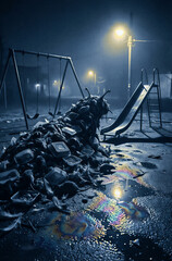 Obraz premium Monstrous pile of dead rats and plastic waste resembles a giant slug in a dark, abandoned playground under a street lamp, symbolizing ecological disaster.