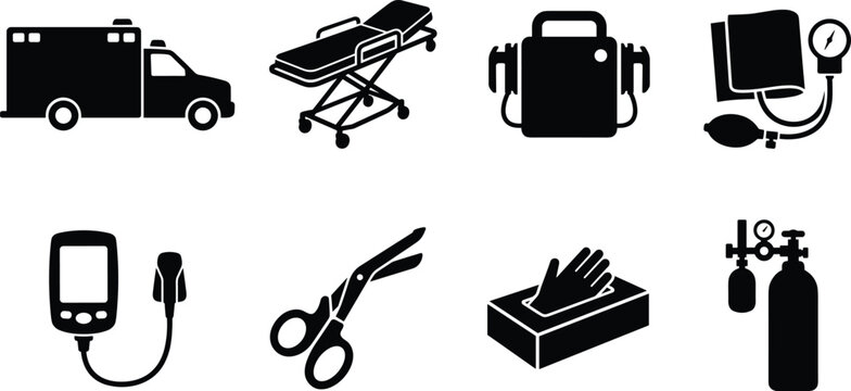 Emergency medical equipment and paramedic service black solid icons set isolated on white background
