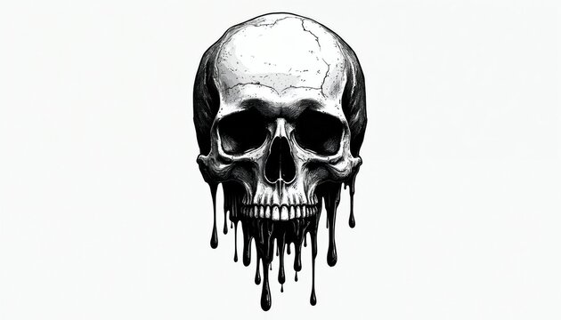 Black, white human skull illustration with melting liquid ink effect. Graphic artwork features dripping dark substance from jaw bone. Monochrome design detailed sketch lines on isolated white