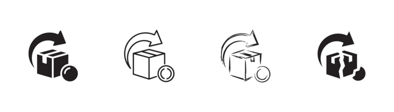 Parcel return service icons with delivery box and curved arrow in various styles including solid outline sketch and broken.