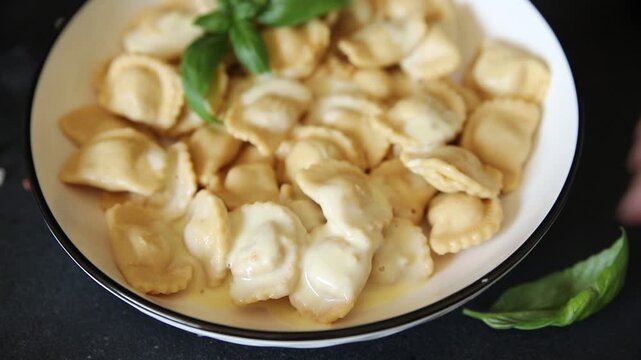 Ravioli meat filling dumpling vareniki food preparation tasty snack fresh and delicious gourmet food background on the table rustic food top view copy space