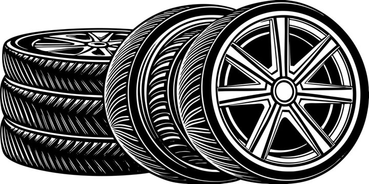 Create a high-resolution image of a stack of modern car tires with one tire leaning against the stack, revealing a sleek alloy wheel. The tires should feature detailed tread patterns and realistic rub