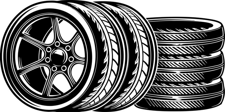Create a high-resolution image of a stack of modern car tires with one tire leaning against the stack, revealing a sleek alloy wheel. The tires should feature detailed tread patterns and realistic rub