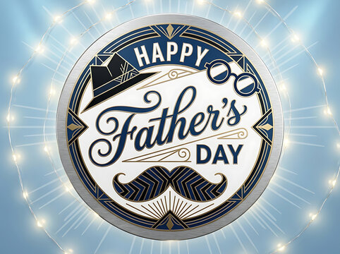 Happy Father's Day decorative emblem with hat, mustache, and glasses, framed by glowing string lights