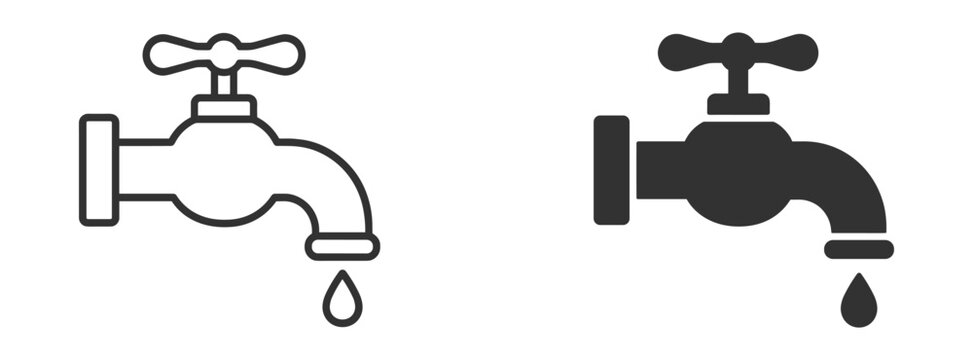Water faucet icon set with dripping tap, plumbing, leak, pipe, household utility and sanitation symbols on transparent background