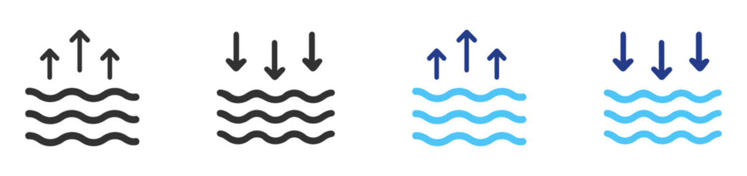 Water evaporation and absorption icon set with vapor, water surface, hydrology, climate process and environmental symbols on transparent background