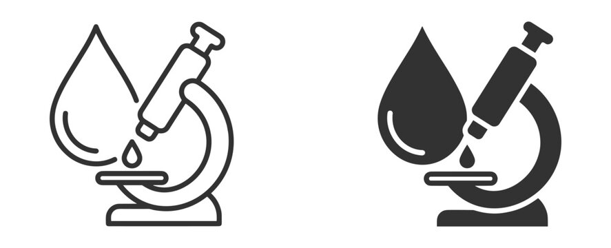 Outline water testing microscope icons collection featuring water droplet, laboratory research, scientific analysis, chemistry and water quality symbols on transparent background