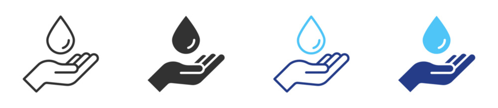 Water care icon set with hand, water droplet, hydration, protection, conservation and clean water symbols on transparent background