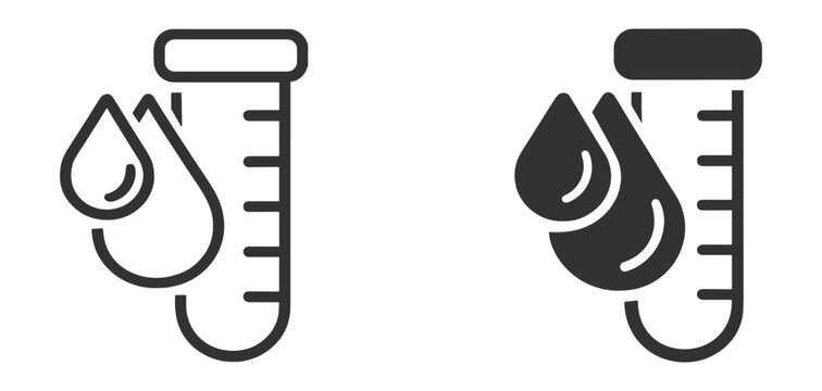 Outline water test tube icons collection featuring water droplets, laboratory analysis, water quality testing, chemistry and scientific research symbols on transparent background