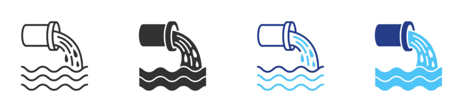Wastewater discharge icon set with drainage pipe, sewage outfall, water flow, sanitation and treatment symbols on transparent background