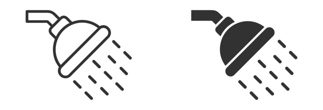 Outline shower icons collection featuring shower head, water spray, bathroom, hygiene, bathing and sanitation symbols on transparent background