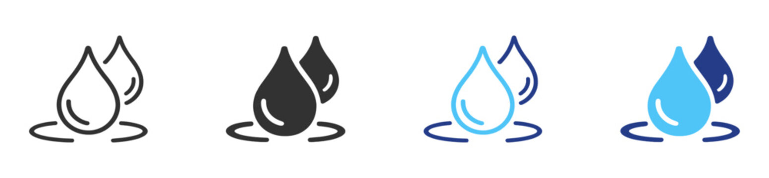 Water droplet icon set with liquid drops, ripple, splash, moisture, hydration and weather symbols on transparent background