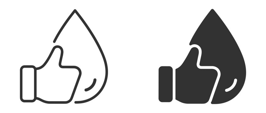 Outline water quality approval icons collection featuring water droplet, thumbs up, clean drinking water, verification and certification symbols on transparent background
