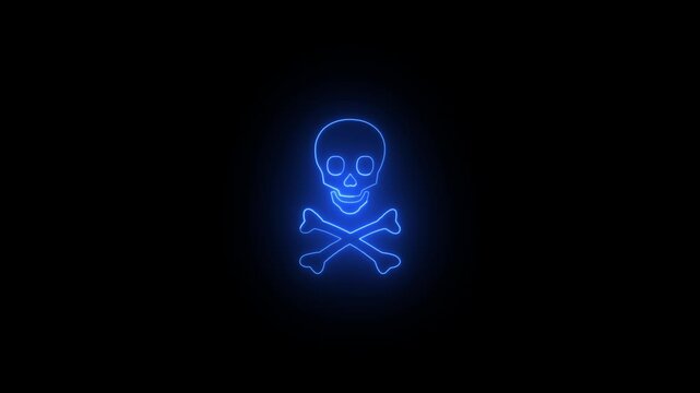Glowing neon skull icon animation 4k video. crossbones icon. Abstract Neon Hard Danger Background Animation. Danger icon made of neon light Pirate skull emigre,