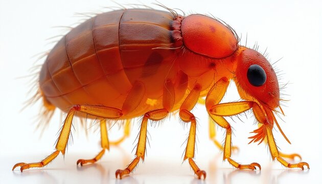 Extreme closeup of a tiny red flea insect. This parasite has six legs and a segmented body. Used in science, biology, and veterinary fields for study.