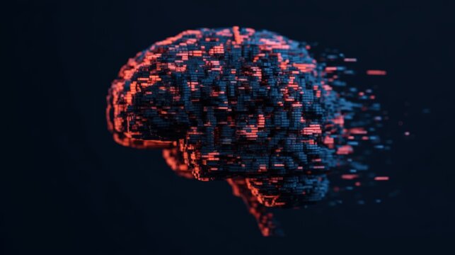 A digital, pixelated brain composed of glowing blocks disintegrates against a dark background, symbolizing artificial intelligence and data processing.