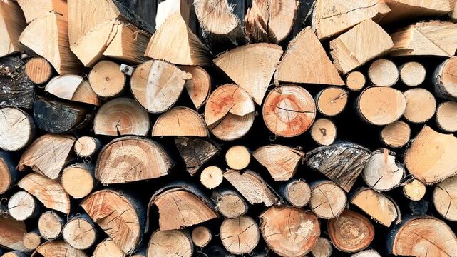 Close-up Stacked Firewood Logs, Natural Split Wood For Fuel